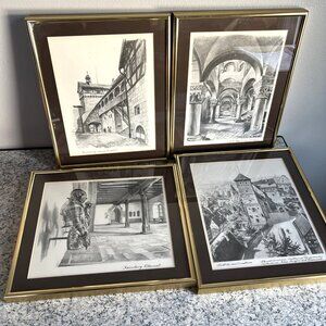 Vintage 1970s Hans Grundl Art Prints Framed Set of 4 Nuremberg Germany